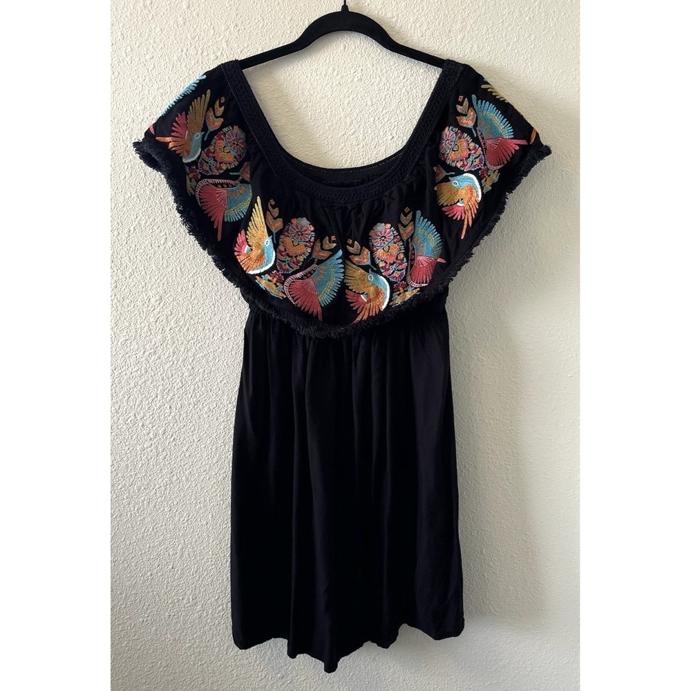 Judith March Dress Medium Off Shoulder Floral Embroidered Elastic Waist Black